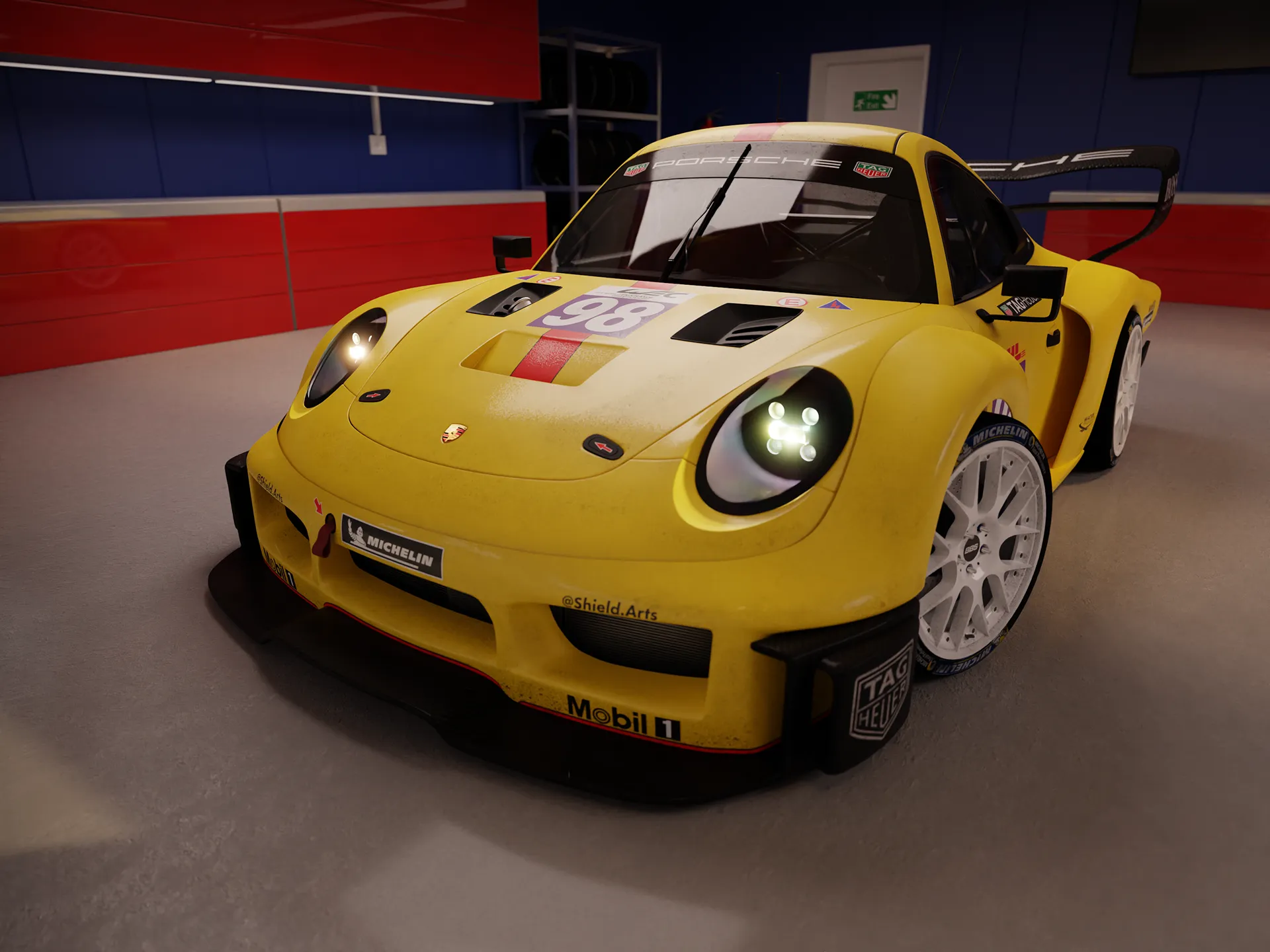 Stylized Porsche 911 "Little Moby" 3D render in a Pixar-leaning look, inspired by the classic Moby Dick and RSR race liveries