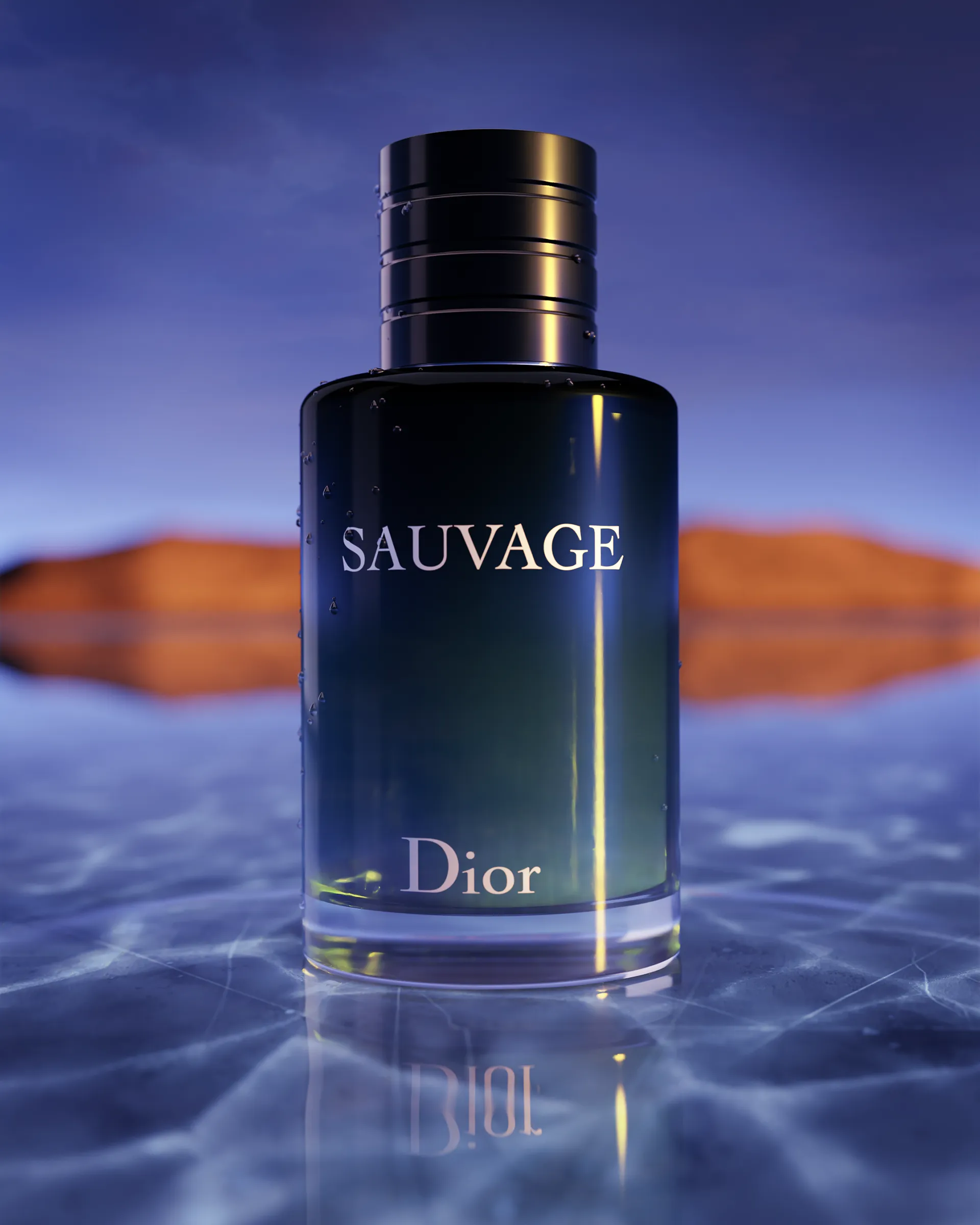 Dior Sauvage fragrance bottle 3D render with refractive water droplets in a desert lifestyle scene