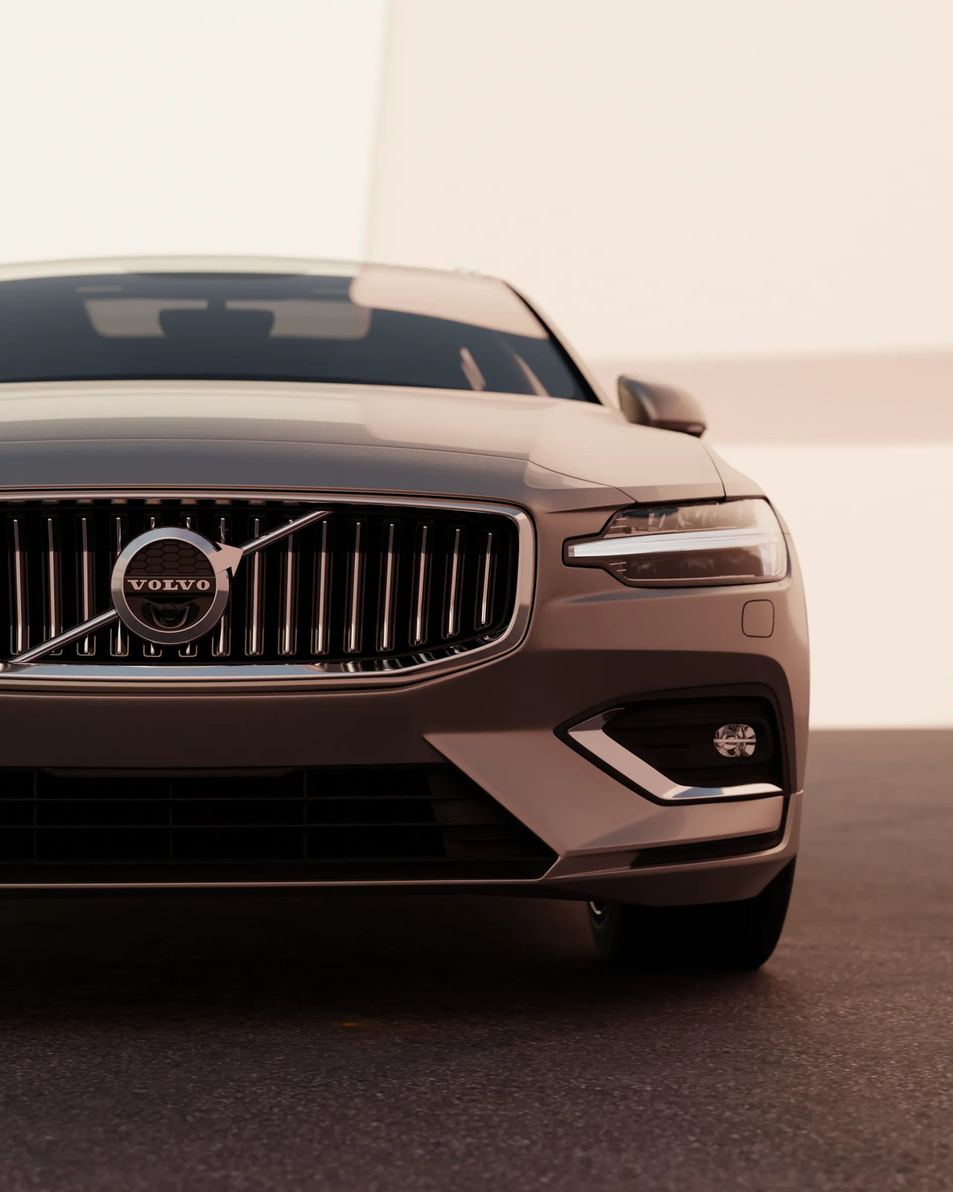 Volvo V60 estate 3D render with soft directional studio lighting, mimicking Volvo's official 2021-22 press render aesthetic