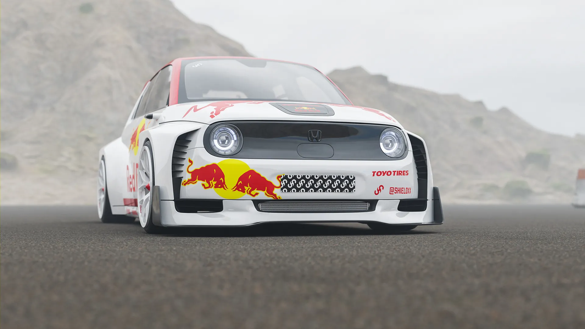 Honda E hatchback with custom widebody kit in Red Bull Racing Formula 1 livery, three-quarter front 3D render