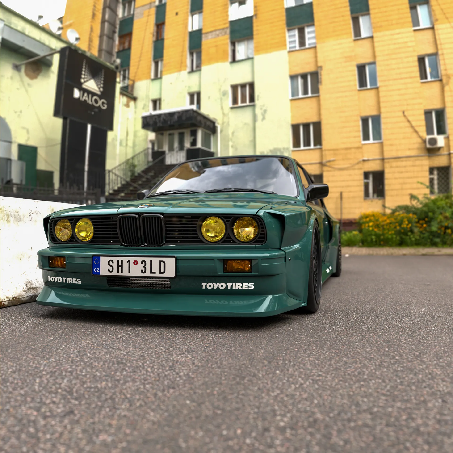 BMW E30 M3 with custom widebody kit, three-quarter front 3D render in Blender Cycles