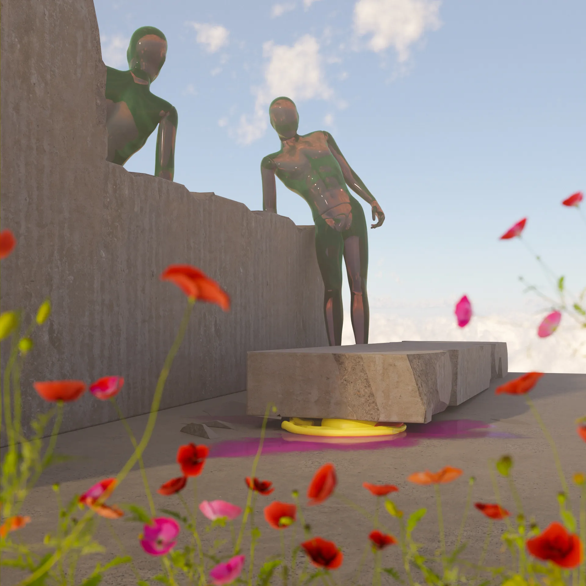 Surreal weekend 3D render: two glossy green humanoid figures looking down at a concrete slab that has crushed a yellow rubber duck, surrounded by red poppies under a cloudy sky